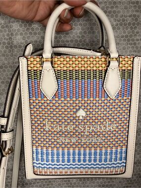 Kate Spade Ellie Leather Woven Straw Mini Tote Crossbody Bag Pink Brown NWT